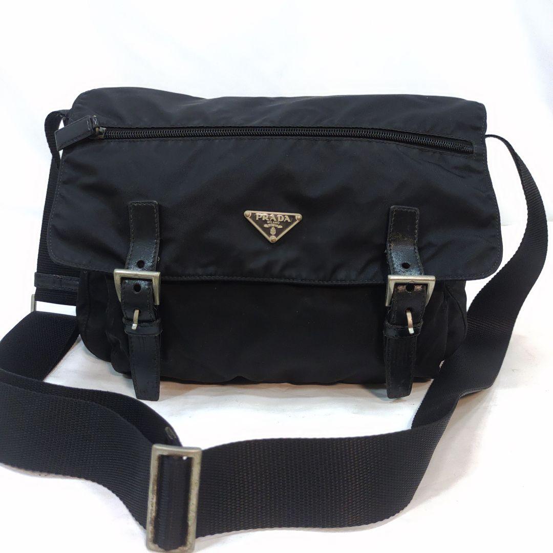 プラダ メッセンジャーバッグ レザー×ナイロン 三角ロゴ ベルト 黒 プラダ ショルダーバッグ メッセンジャー 三角ロゴ ナイロン レザー