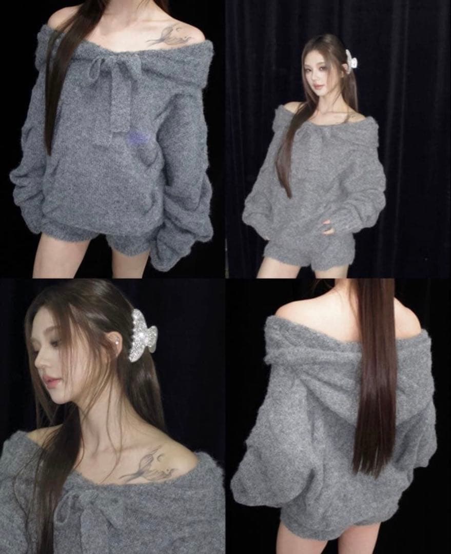 andwang Ribbon Off-Shoulder Knit Set GRY - メルカリ