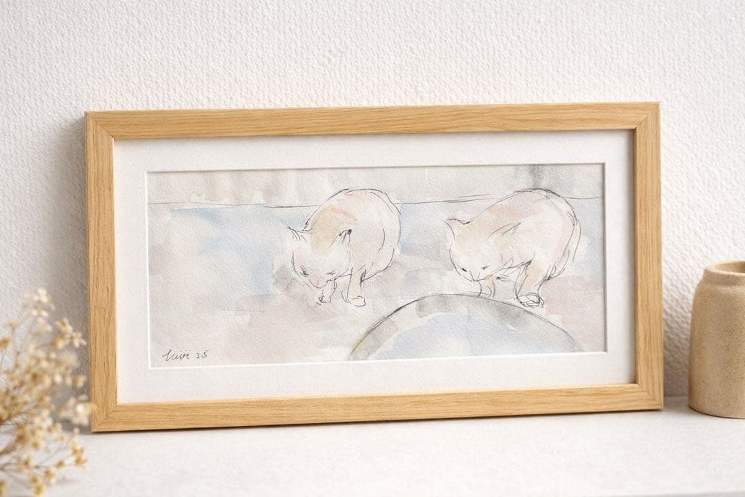 【原画】猫 水彩画｜静かな時間｜画用紙・121×251mm｜額装イメージ有