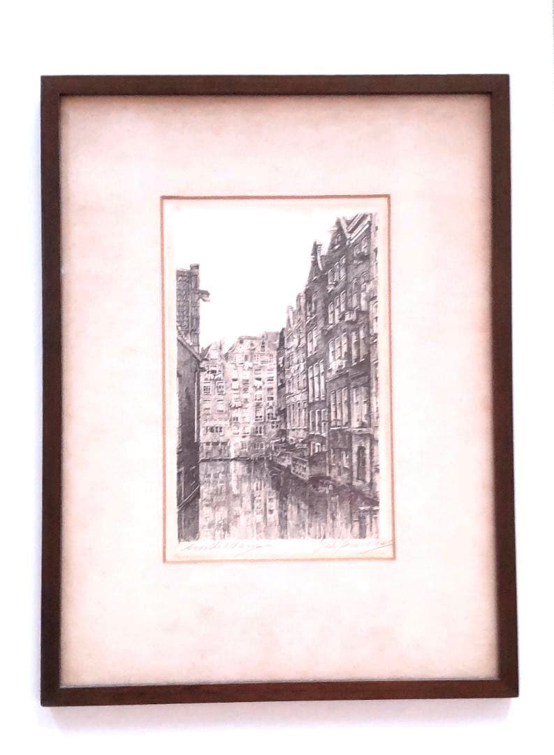 エッチング作品 銅版画 風景画 直筆サイン付きオランダアムステルダム