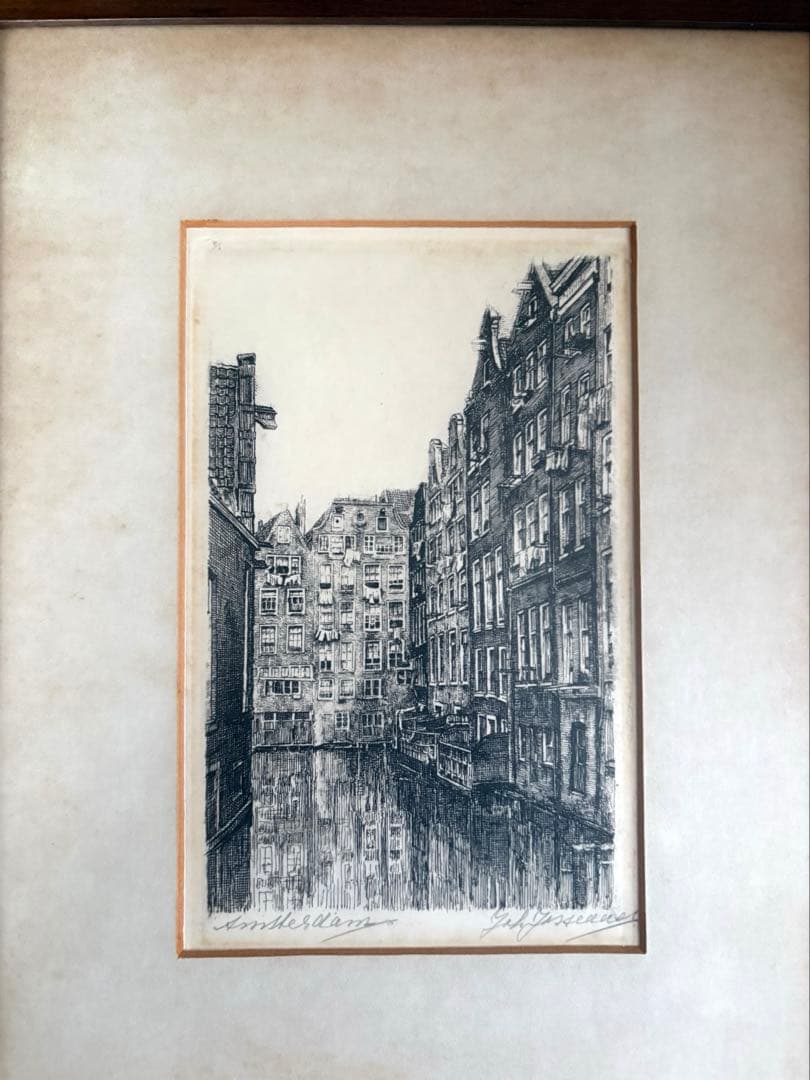 エッチング作品 銅版画 風景画 直筆サイン付きオランダアムステルダム