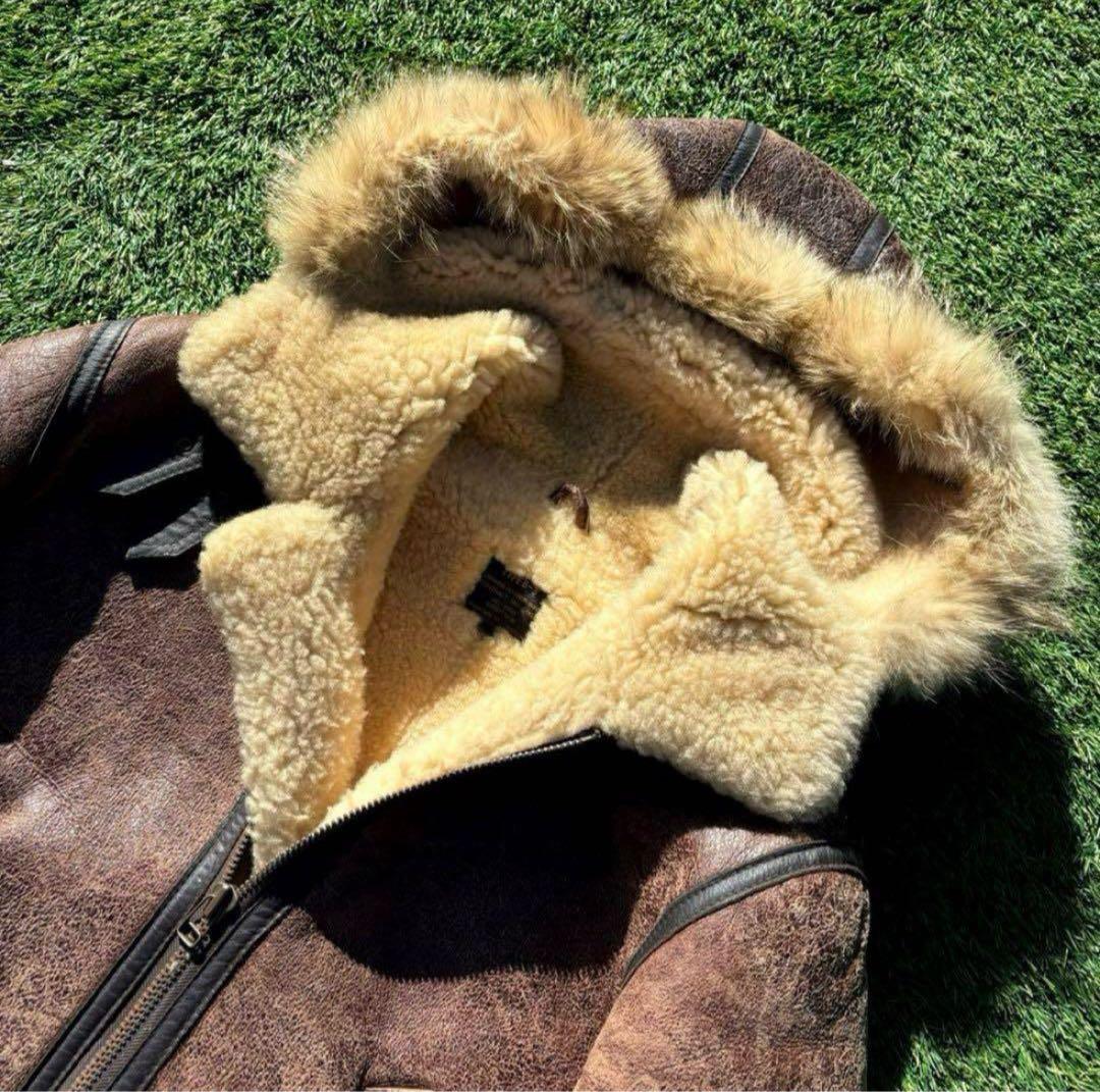 M 希少 フード付 茶 B-3 ムートン レザー フライト ジャケット 革ジャン