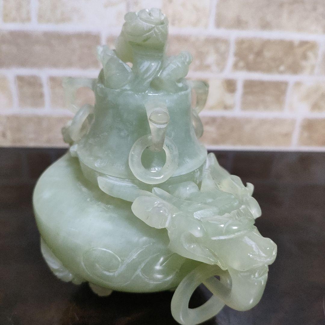 中国 三足香炉 龍 翡翠風 ネフライト 軟玉 骨董品 - メルカリ