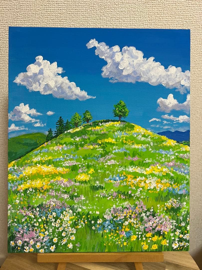 風景画 青空と花畑のアクリル画 油絵 アクリル絵の具 水彩画 原画