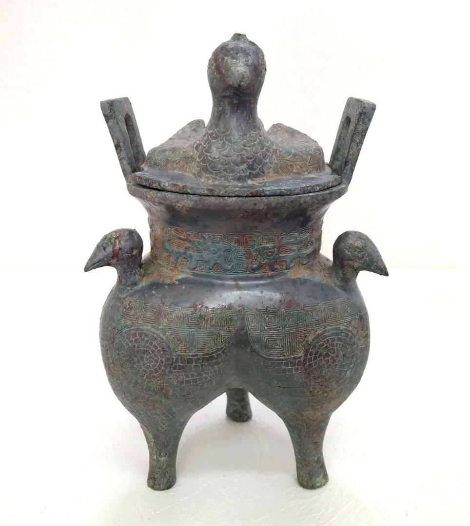 中国 西周青銅器 彫刻 三足 蓋付き 鳥装飾 酒器 高さ21.5cm 楽天市場】□龍香堂□☆【中国古物】青銅器「爵（三足酒器