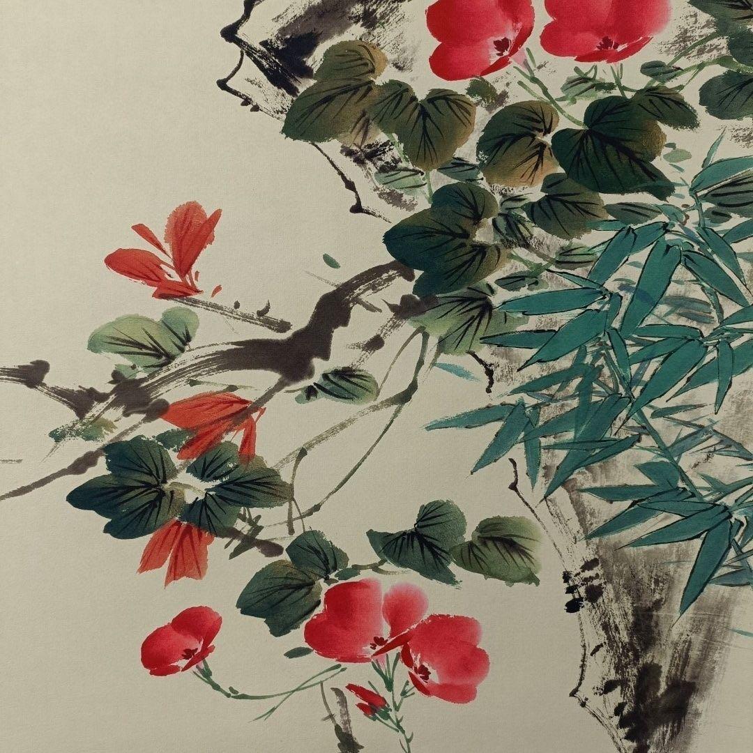 顔伯龍 花鳥図 掛け軸 中国画 三尺中堂 花鳥画 中国美術 床の間 77×175