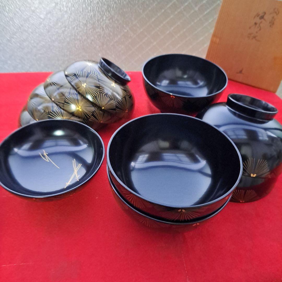 輪島塗 御吸物椀×5客】布着本堅地 亀甲松