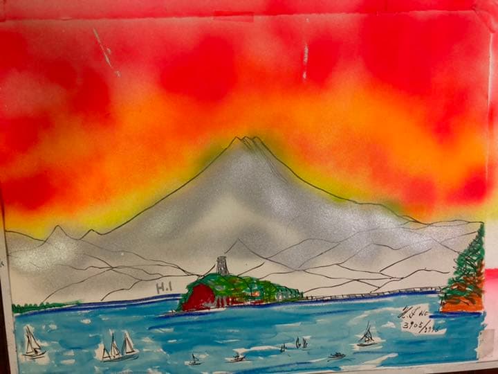 幻想絵画、空飛ぶ画家糸川裕志の富士山曼荼羅の一点、色紙サイズ、