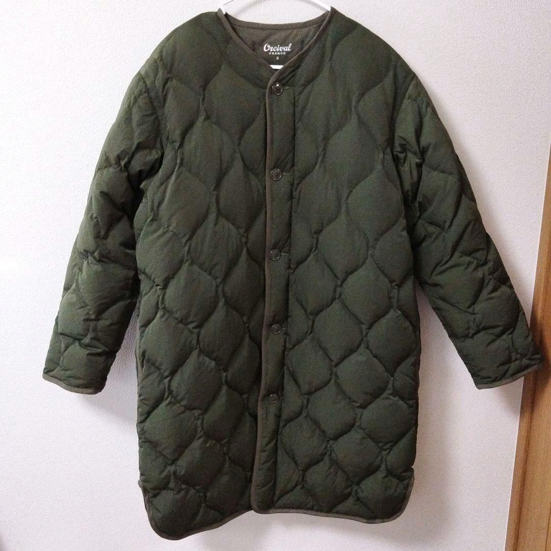 美品❤︎Orcival キルトダウン ノーカラーコート オリーブ サイズ2