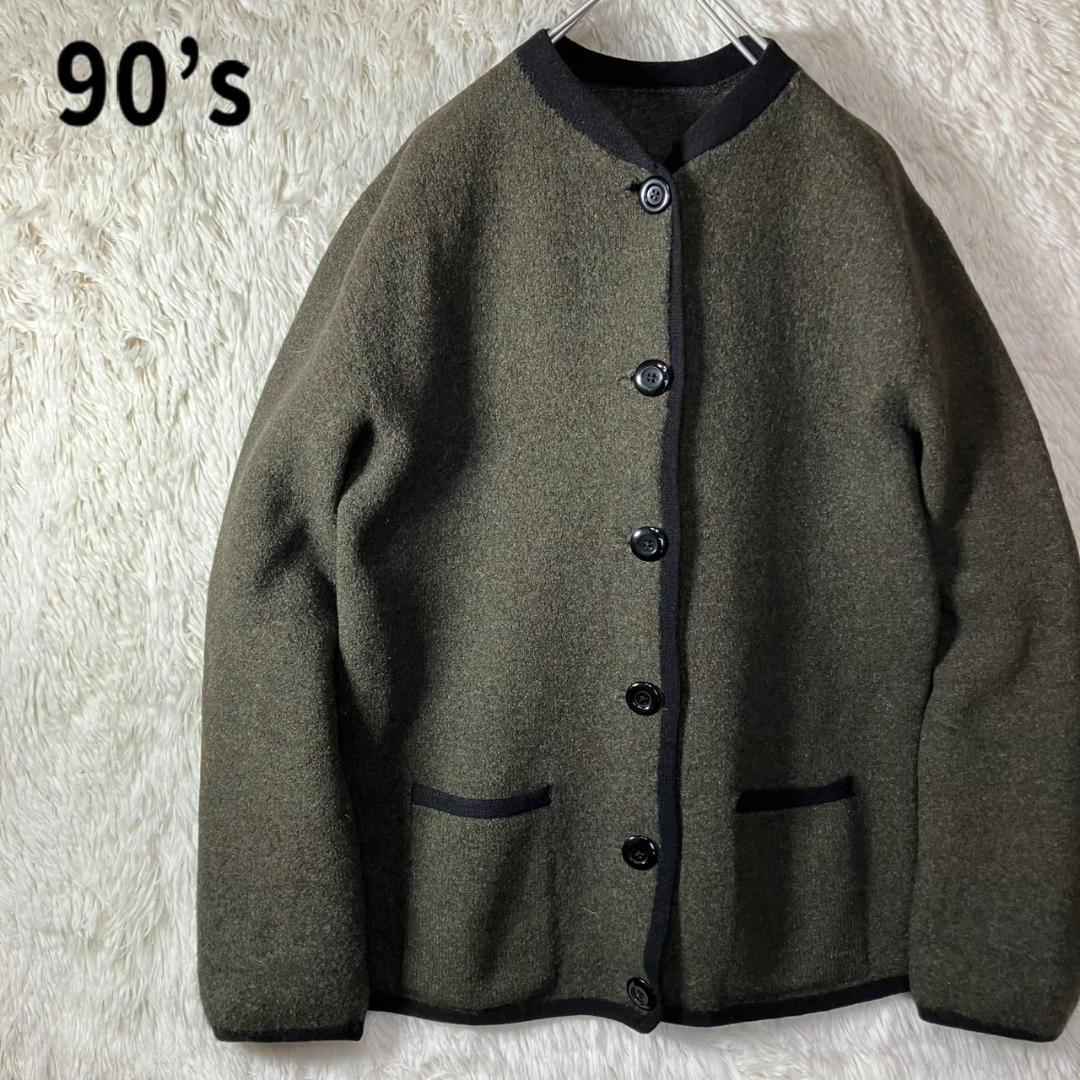 美品 90s チロリアンジャケット ノーカラー ツイード グリーン 緑 Green houndstooth Collarless jacket & Tight skirt〈レトロ古着