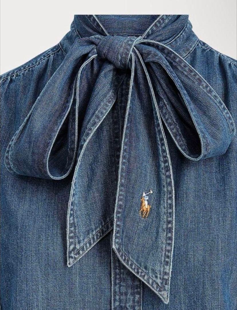 ポロラルフローレンボウタイ ブラウス ポニー刺繍 リボン デニム M