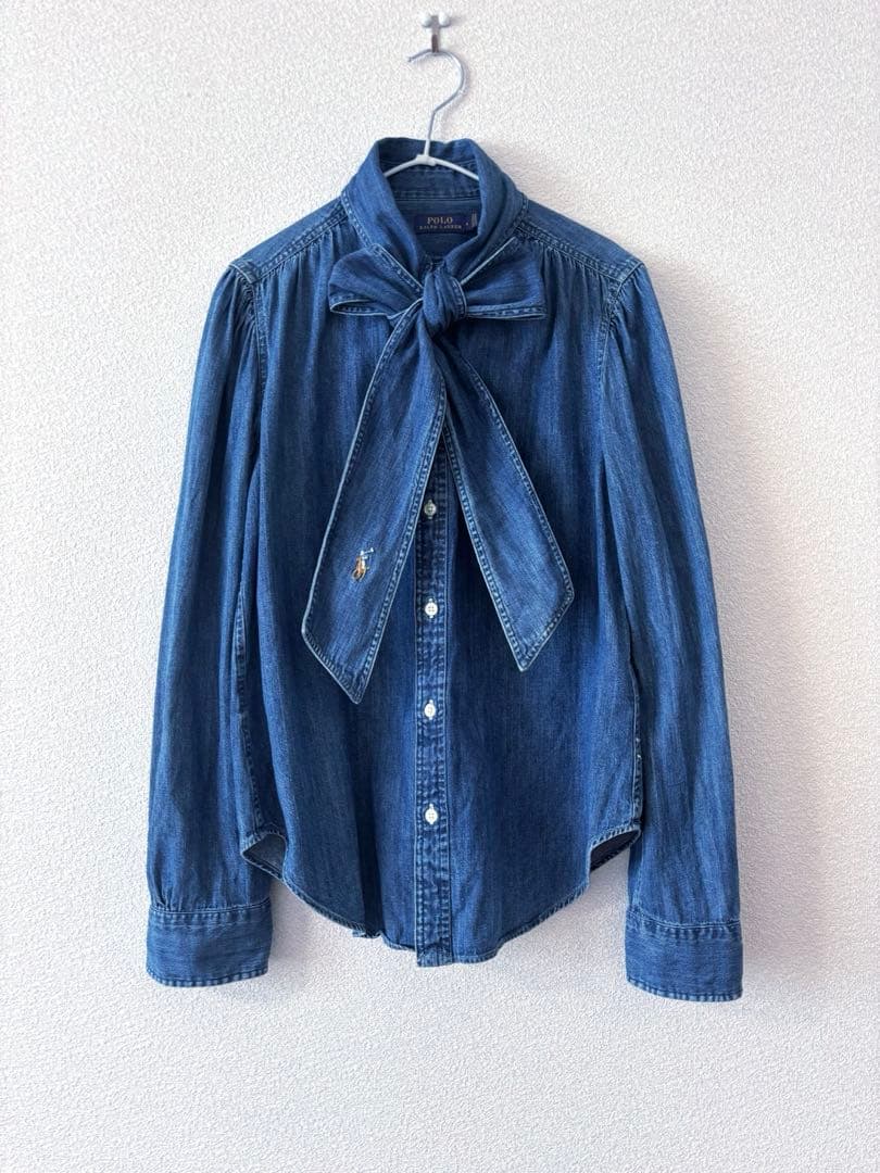 ポロラルフローレンボウタイ ブラウス ポニー刺繍 リボン デニム M