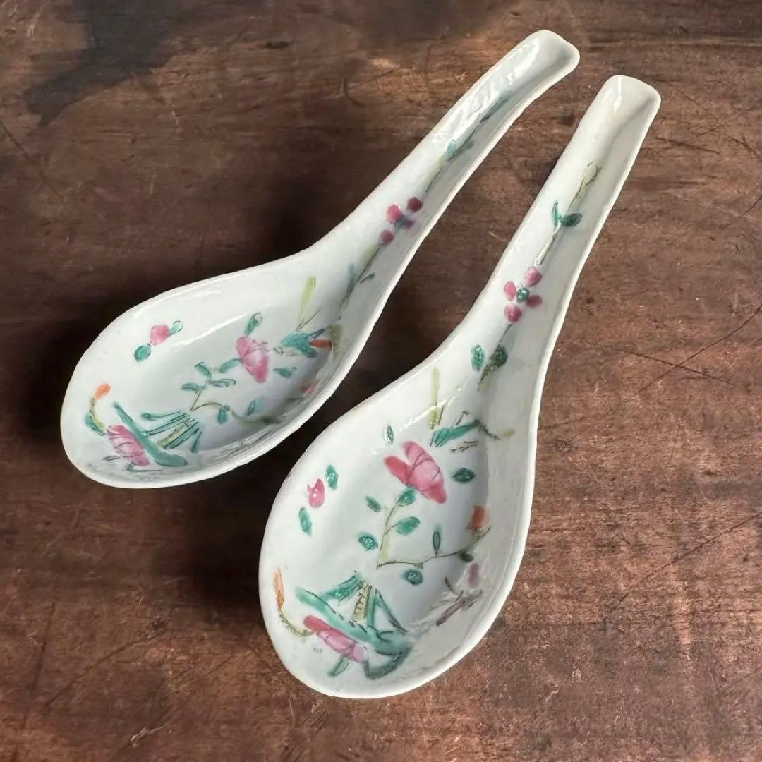 清時代 レンゲ スプー ン 粉彩 花柄 酒器 茶道具 陶磁器 中国美術