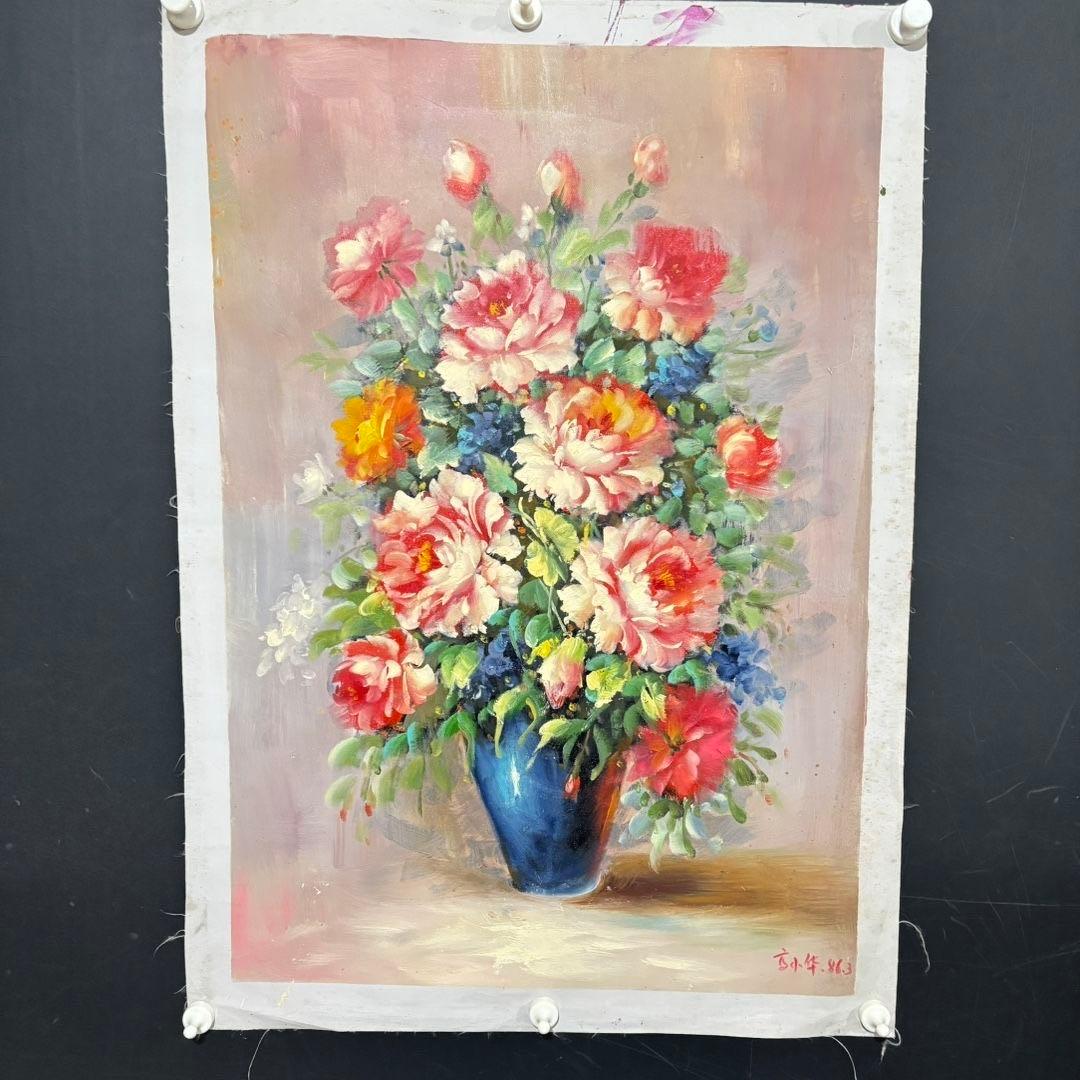 手描き 水彩油画 花 静物画 高小华 インテリアアート 約70×100cm