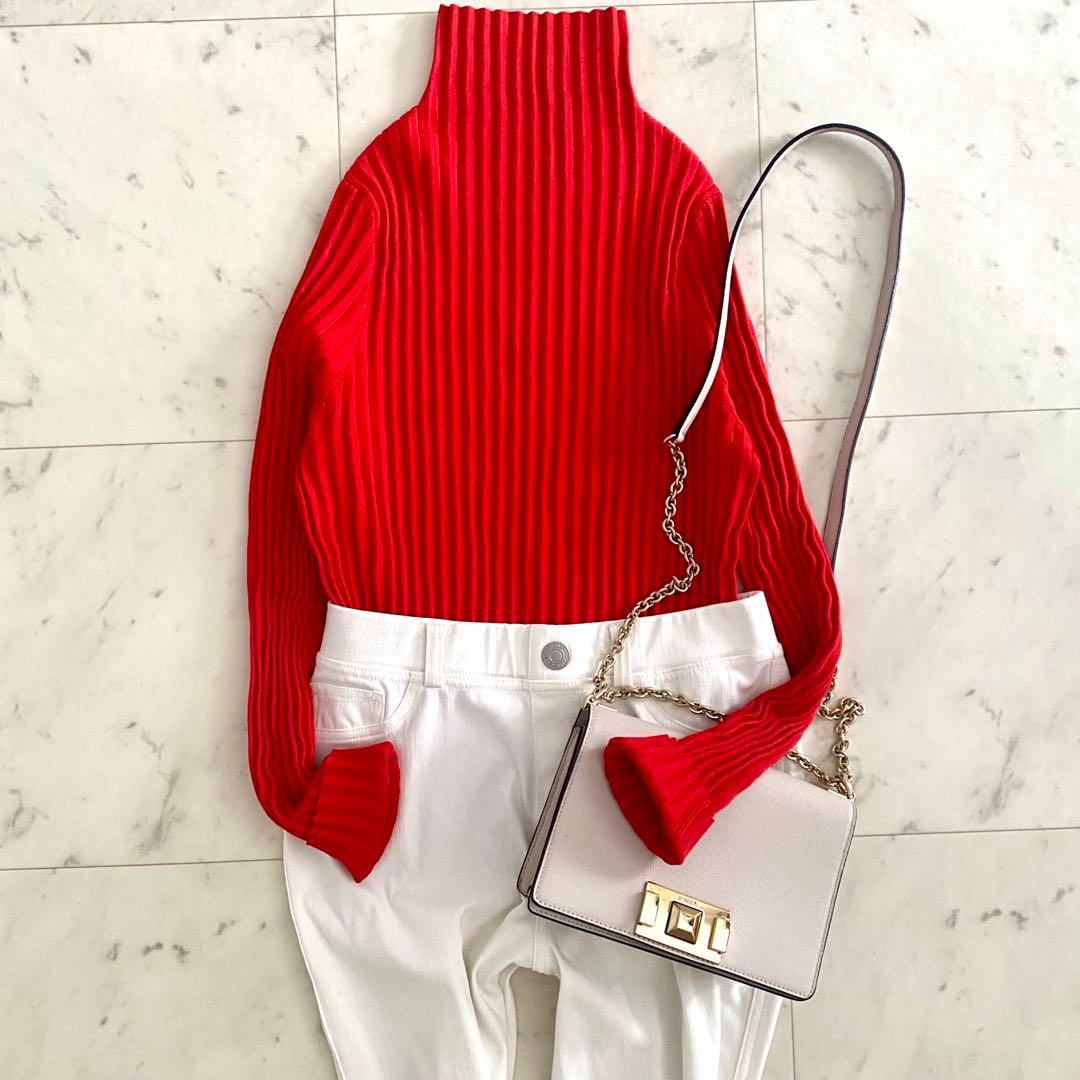 美品 アドーア ADORE クリアドライリブニット オレンジレッド 38