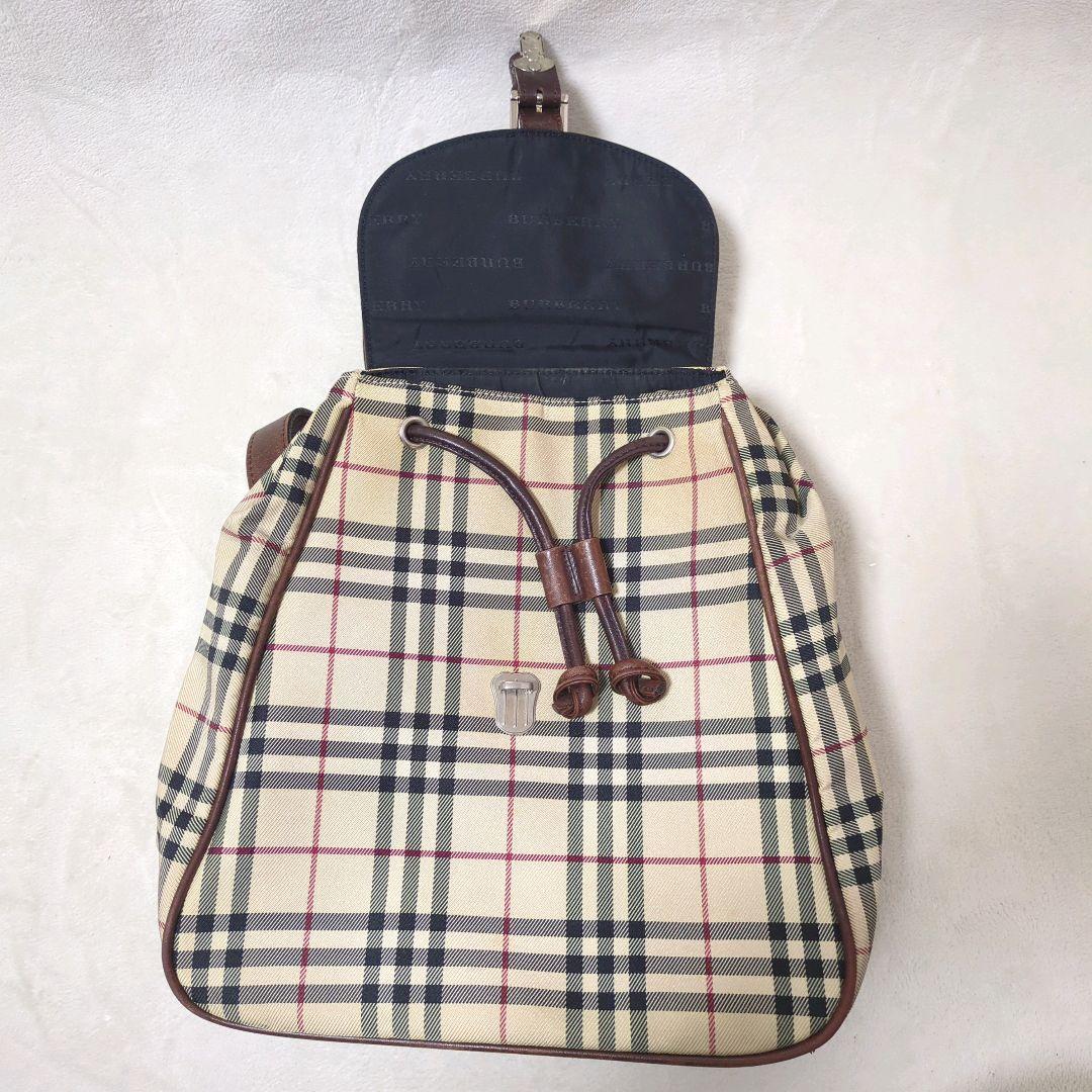 良品 BURBERRY ノバチェック リュック 巾着 キャンバス レザー ロゴ