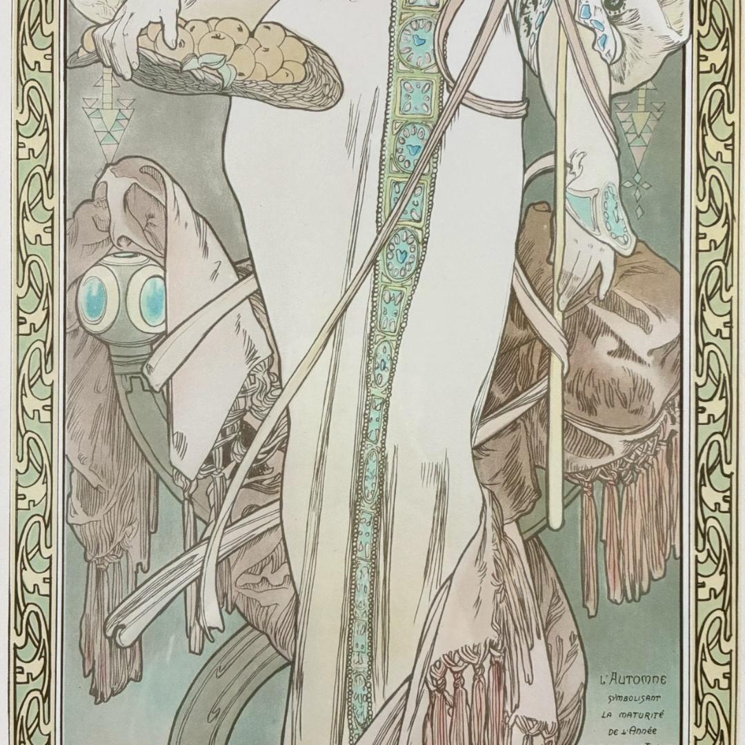 美品 アルフォンス・ミュシャ「四季・秋」リトグラフ 摺師サイン入り