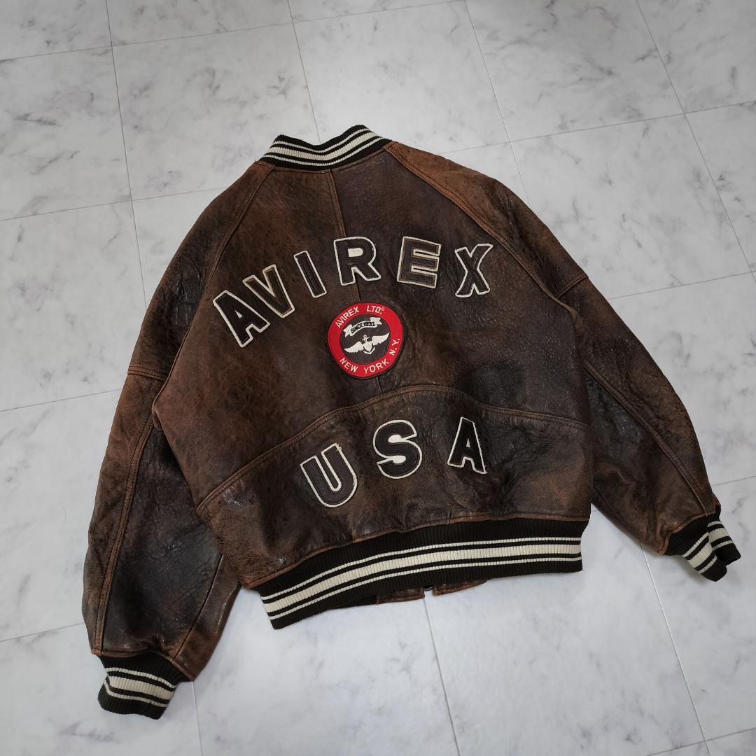 AVIREX オールレザー バーシティジャケット S レザースタジャン ブラウン