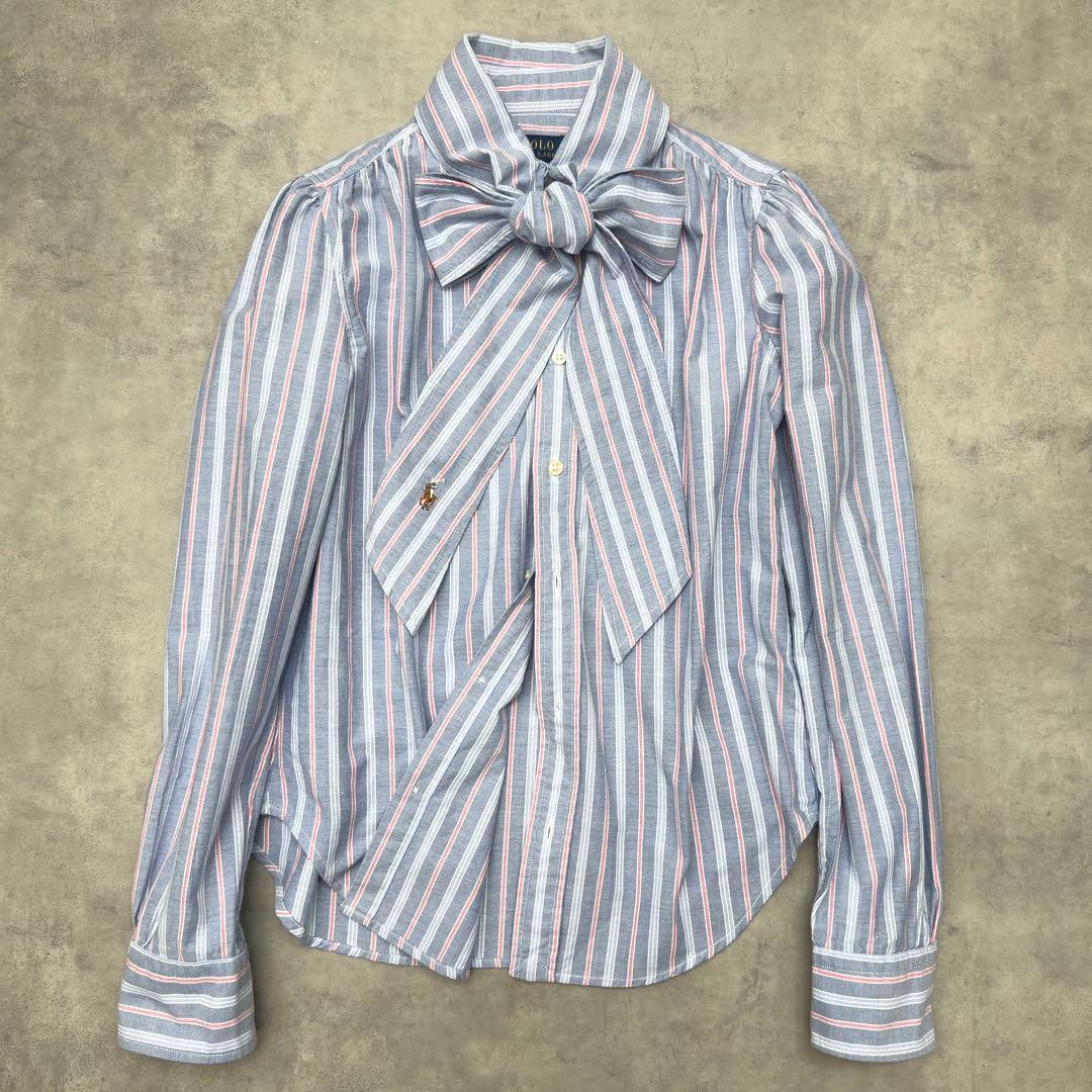 美品✨ポロラルフローレン ボウタイブラウス ストライプ ポニー刺繍 S