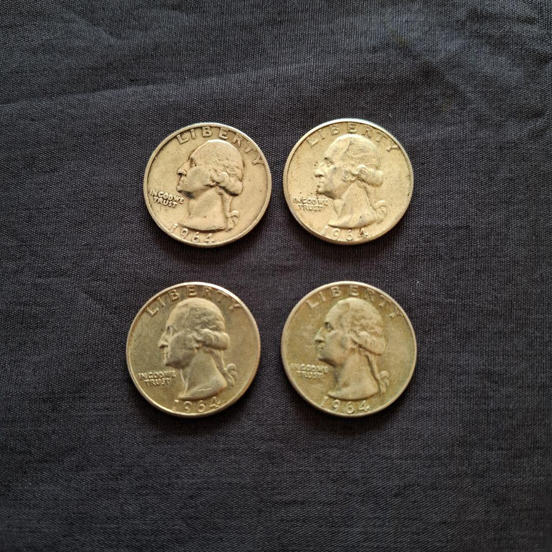 アメリカ、銀貨、1964年発行の25セント銀貨(銀90％)4枚 ワシントン・クォーターズ：アメリカ建国の父への永遠の敬意