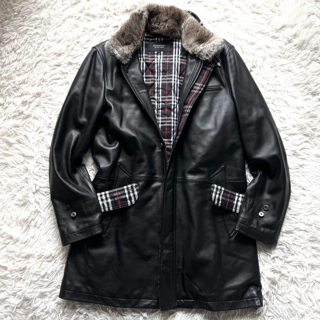美中古 バーバリー ブラックレーベル ラムレザー M ラビットファー ブラック