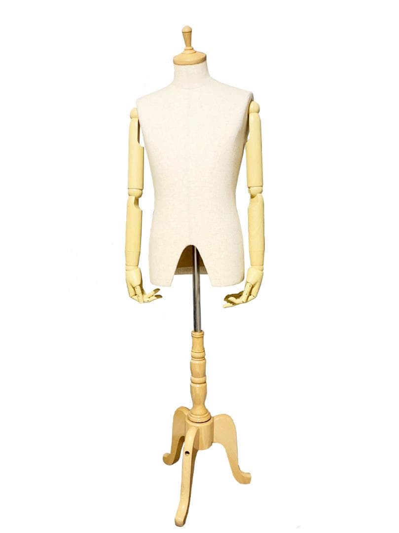 腕付きトルソー マネキン 木製脚 アーム可動式 メンズ 5本指 高さ調整 紳士用トルソー 腕付き アーム付き ポージング自在 リネン 木製