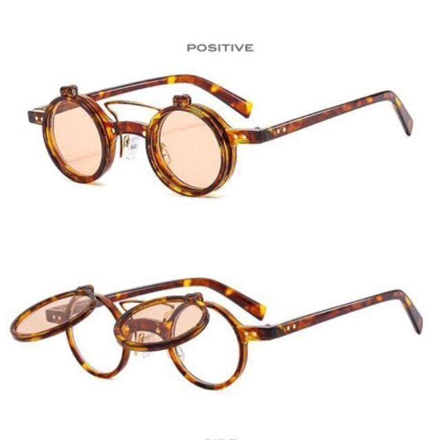 69丸メガネ眼鏡サングラス跳ね上げ式レトロ緑ゴールド個性的めがねラウンド茶色▼