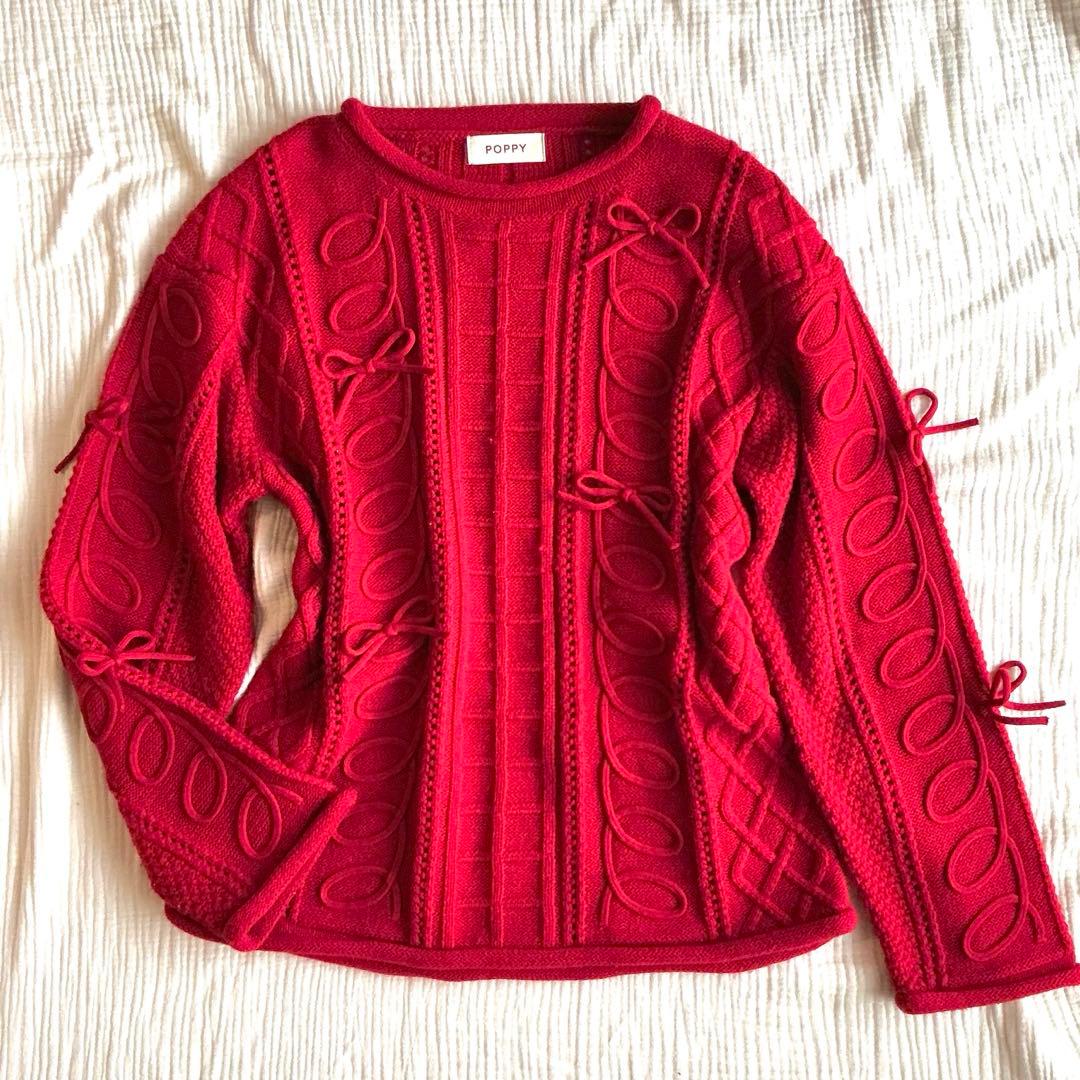 POPPY クルクル リボン ルーズニット 赤 Kurukuru ribbon