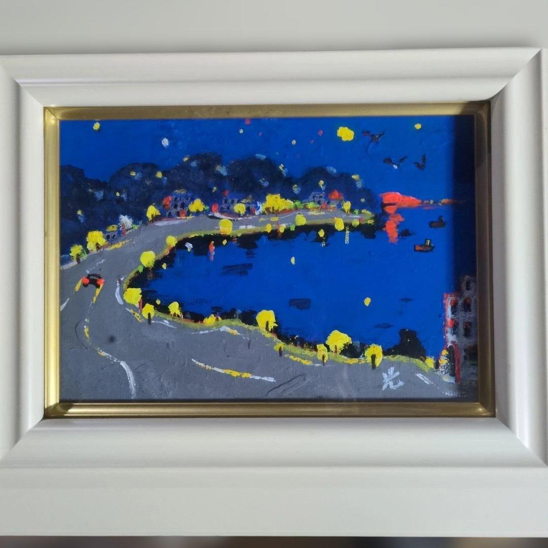 夜景 油彩画 小型 サインあり　　　　　　 海岸通り