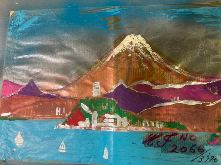 幻想絵画、空飛ぶ画家糸川裕志の富士山曼荼羅の一点、色紙サイズ、