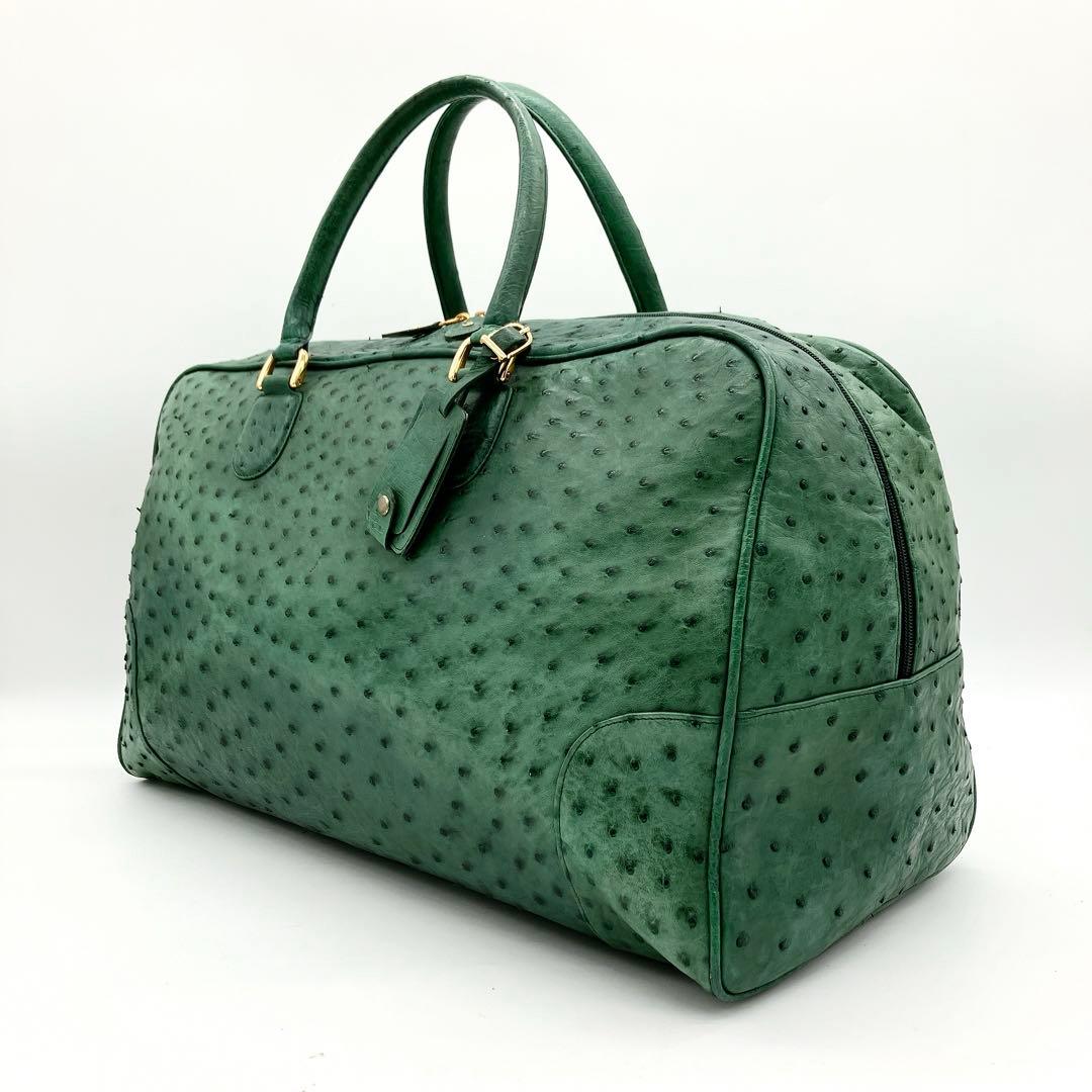 【オーストリッチ本革】ボストンバッグ　旅行鞄　ゴールド金具　グリーン