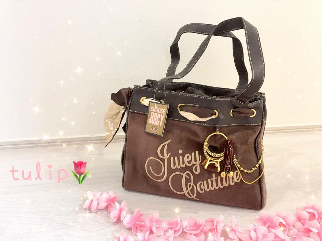 レア　ジューシークチュール　リボン　リング　チャーム付き　バッグ　ブラウン