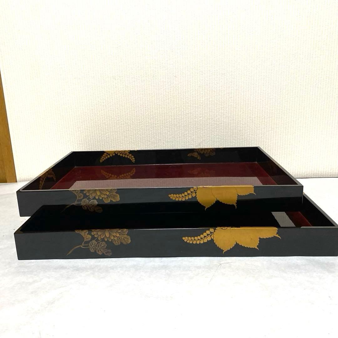 広蓋？運び盆？蒔絵模様2点 お盆 トレー 木製 長手盆 蒔絵 梓(あずさ) 48cm おしゃれ 大きい