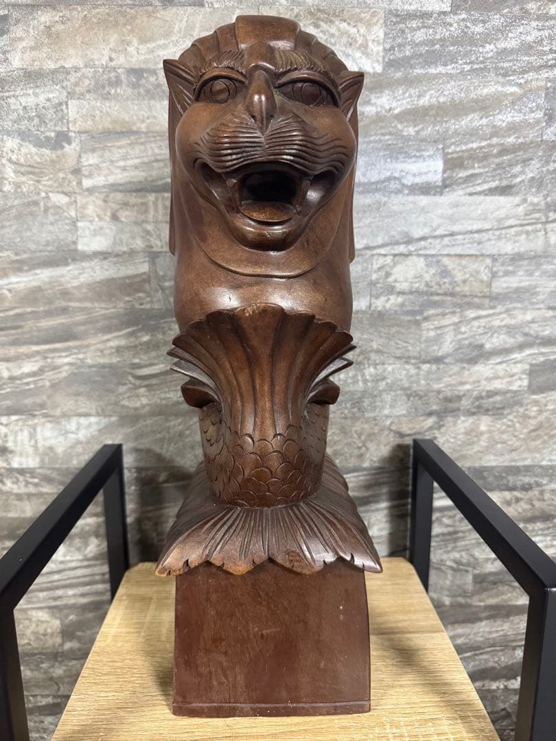 木製ライオン彫刻 約41cm GMCK586 ○ 獅子 ライオン 木彫り像 オブジェ インテリア 飾り 木製 工芸品