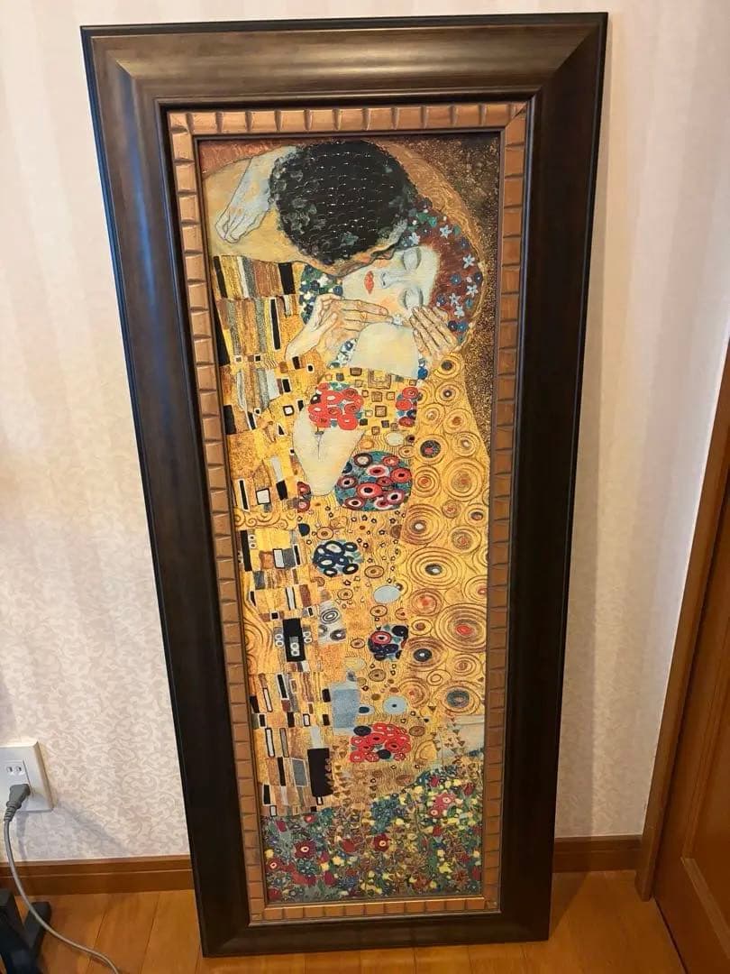 グスタフ・クリムト 接吻 ダークブラウンフレーム　アートフレーム グスタフ・クリムト 「接吻」アートポスター 装飾木製額縁 額装【中古