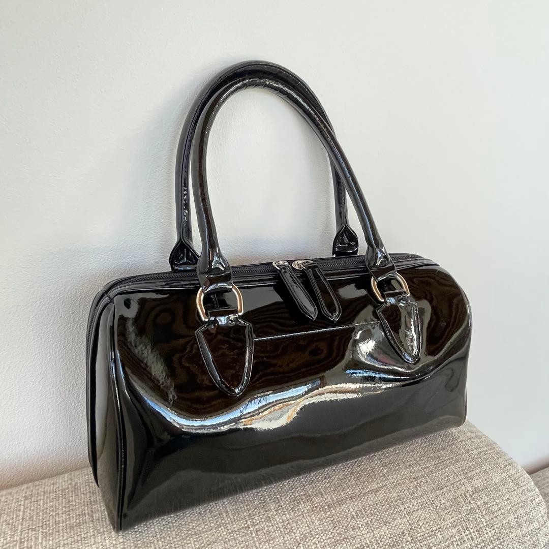 美品☆　濱野皮革工藝 HAMANOエナメルボストンバック　ハンドバック　黒