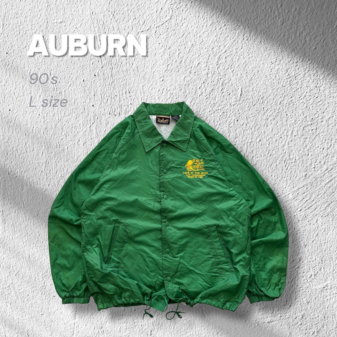 90s】AUBURNナイロンコーチジャケット企業カジノ刺繍ドローコード緑L