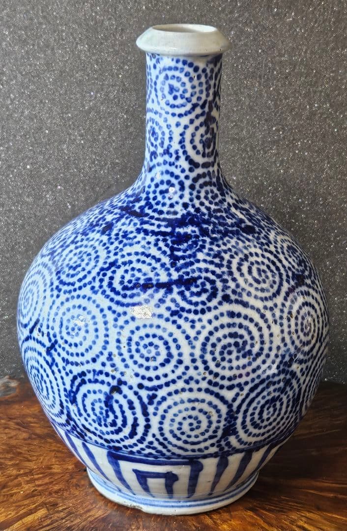 明治時代　東北民窯　会津本郷焼　 印判染付　たこ唐草文様　24.5cm　大徳利