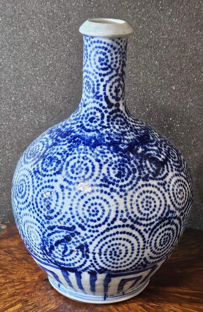 明治時代　東北民窯　会津本郷焼　 印判染付　たこ唐草文様　24.5cm　大徳利