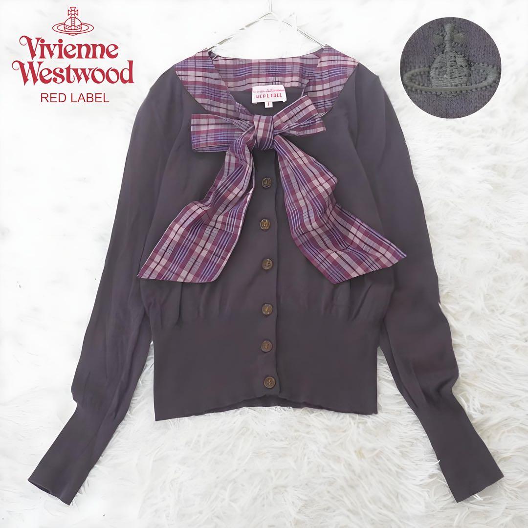ヴィヴィアン ボウタイニット チェック オーブ刺繍 リボンタイ カーディガン