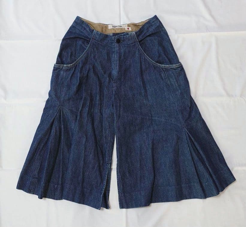 希少 KAPITAL デニムパンツ コットン リネン ガウチョパンツ 1 ガウチョパンツ コットンリネン混ストライプ | パンツフルレングス