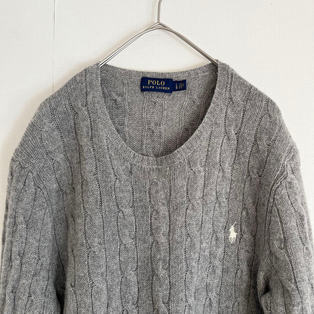 【優しいグレー★カシミヤ混★未使用級】ラルフローレンケーブルニット★クルーネック