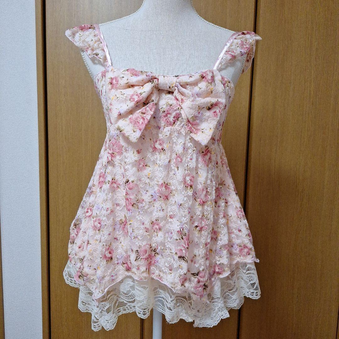 総レース花柄リボン付きキャミソール