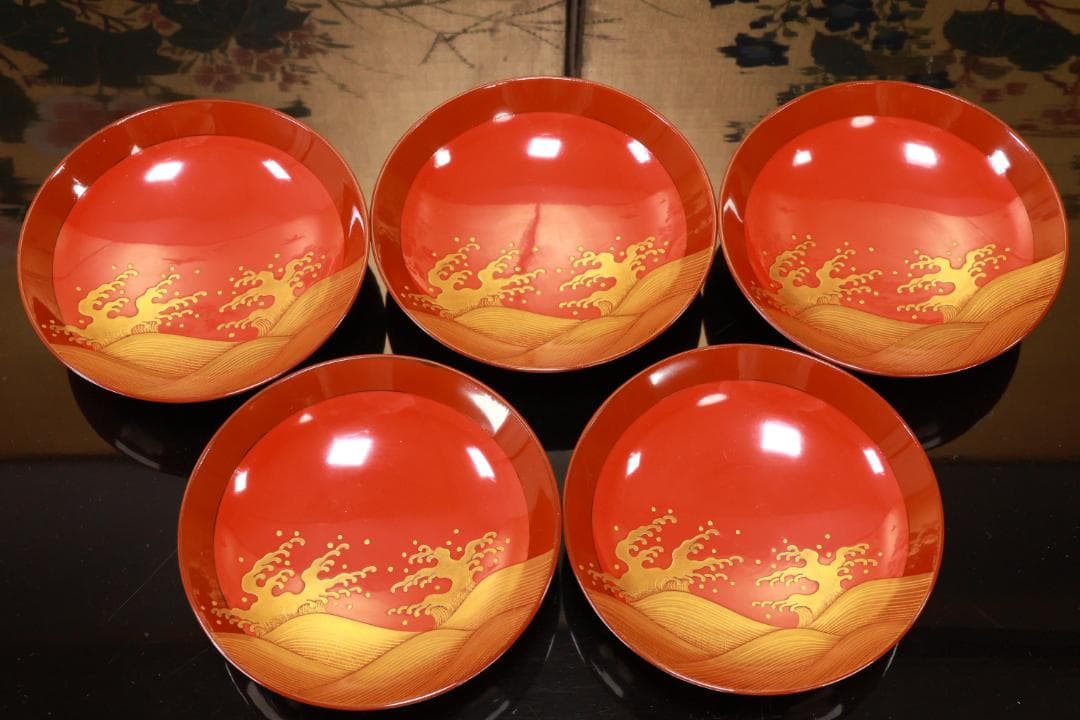 BJ103 時代輪島塗 烏漆絵 日乃出金蒔絵 煮物椀 五客 木製 吸物椀