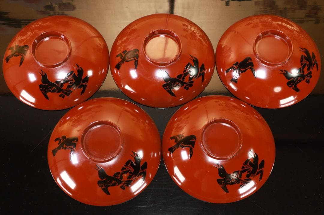 BJ103 時代輪島塗 烏漆絵 日乃出金蒔絵 煮物椀 五客 木製 吸物椀