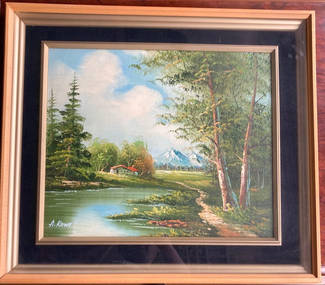 美しい風景画 A. ROWE作 油彩画 肉筆 サイン入り 額装済み