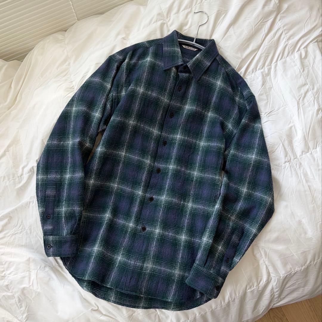 AURALEE Airy Wool Check Shirt Green×Navy