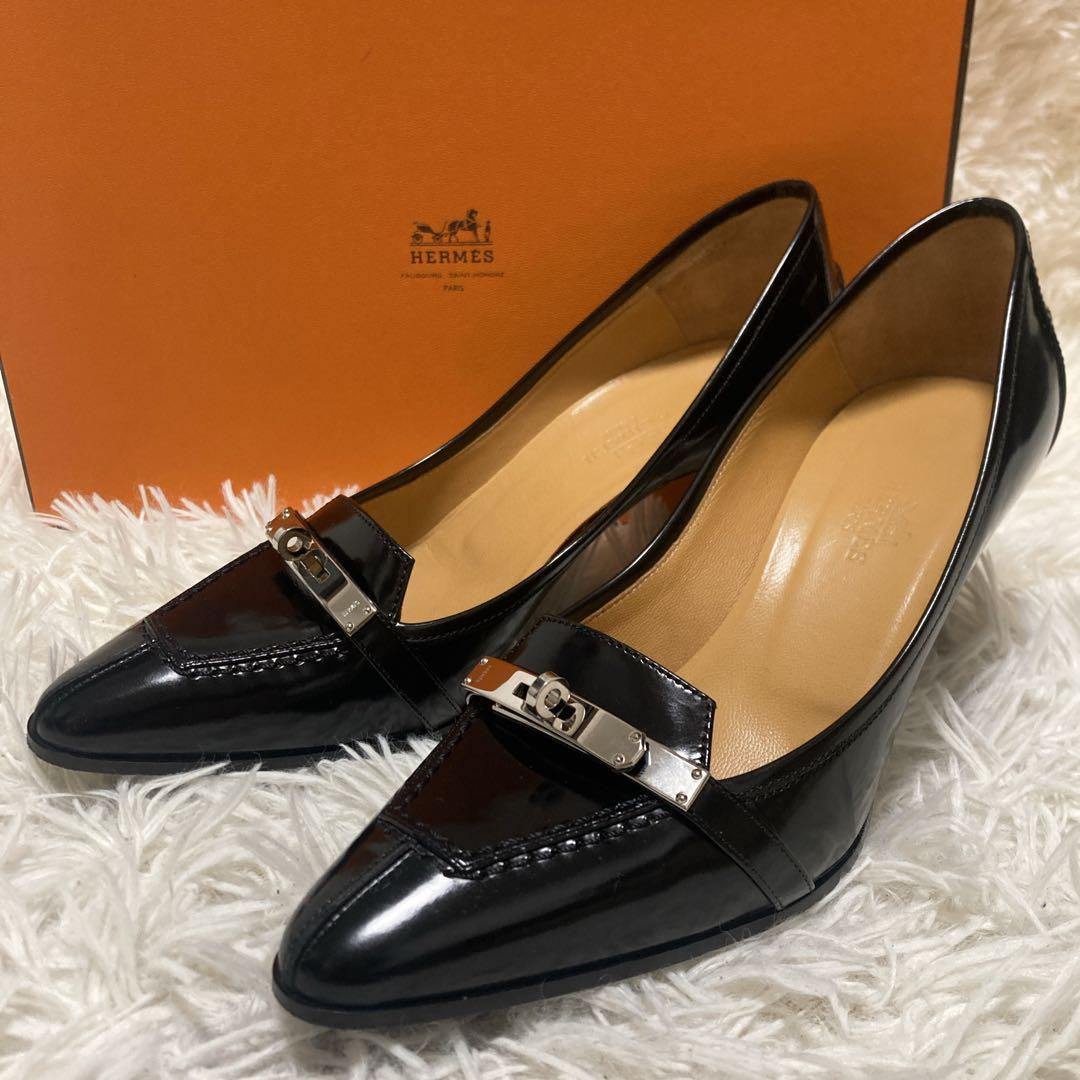 美品✨エルメス　ケリー　パンプス　23cm 黒　HERMES レザー　金具　箱付