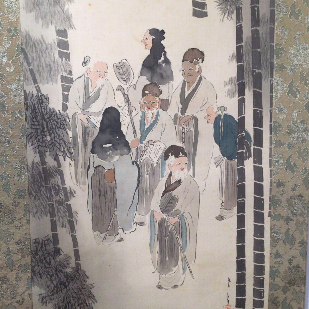 No3456掛軸 田代古崖 竹林七賢人図 着色絹本 合箱 日本画 古画 送料