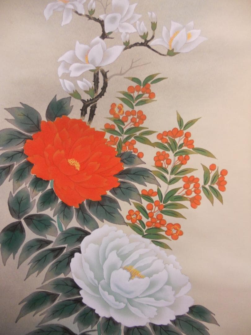 掛け軸 平松耕一 『 玉堂富貴 』 絹本 希少 軸装 茶道具 掛軸 美品 です。